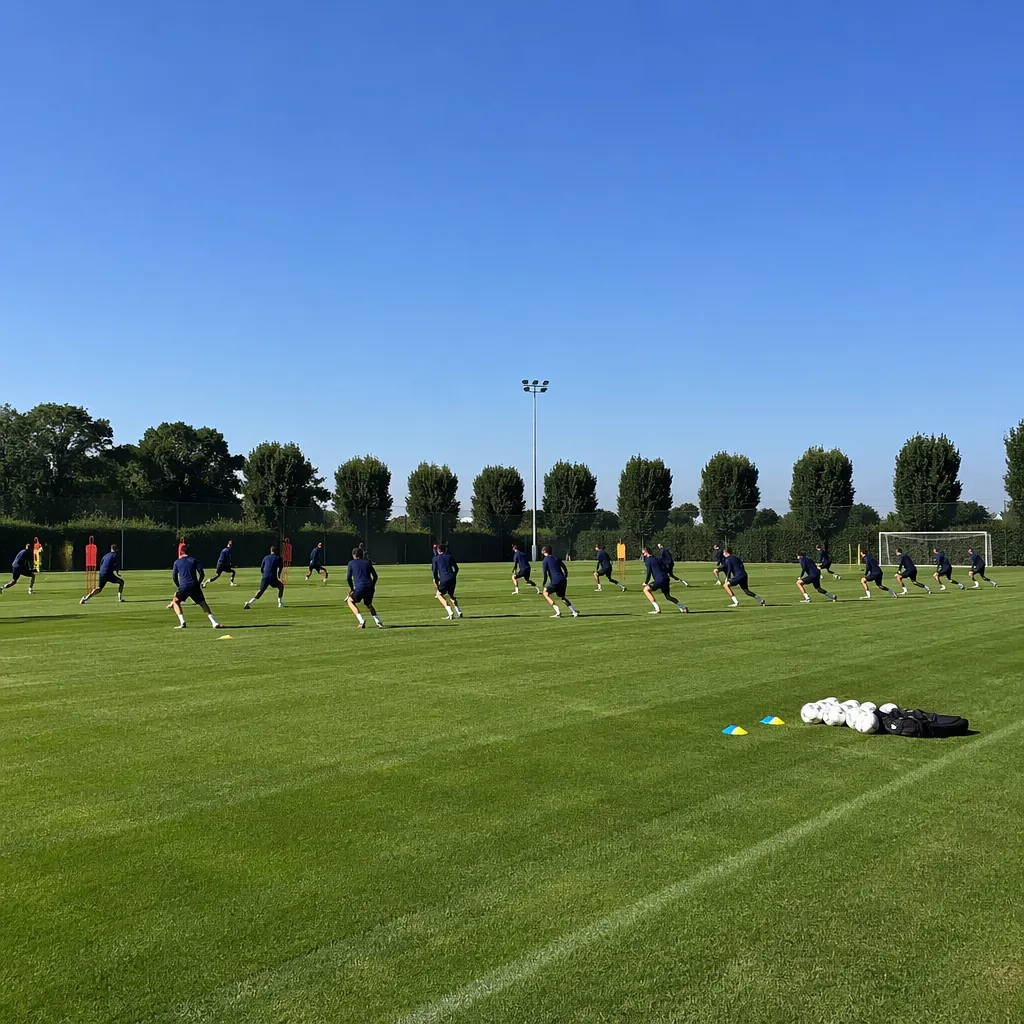 Wide shot of a football training ground, players doing warm-up exercises in the