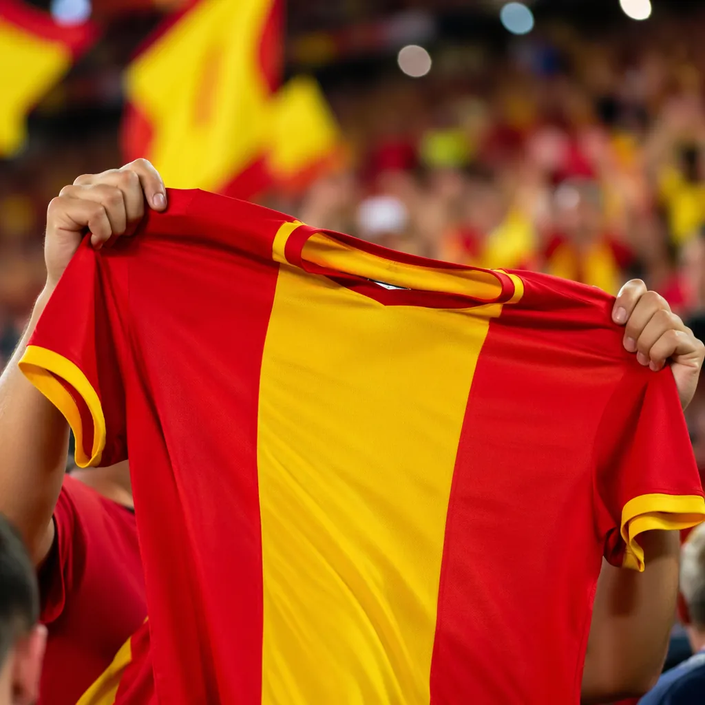 Close up of a football fan holding a plain national team jersey in the stands, v