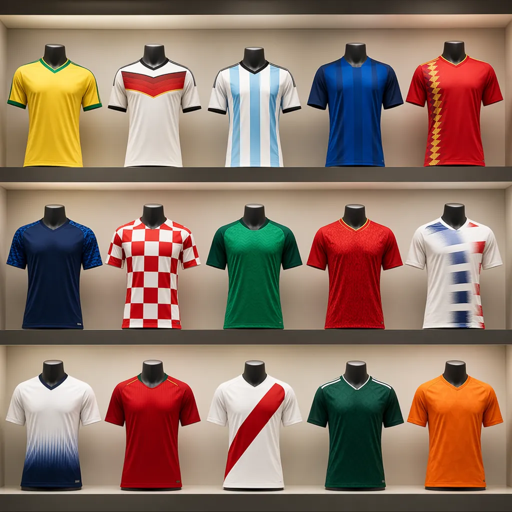 Display of diverse national team football jerseys on a soft lit shelf, clean spo