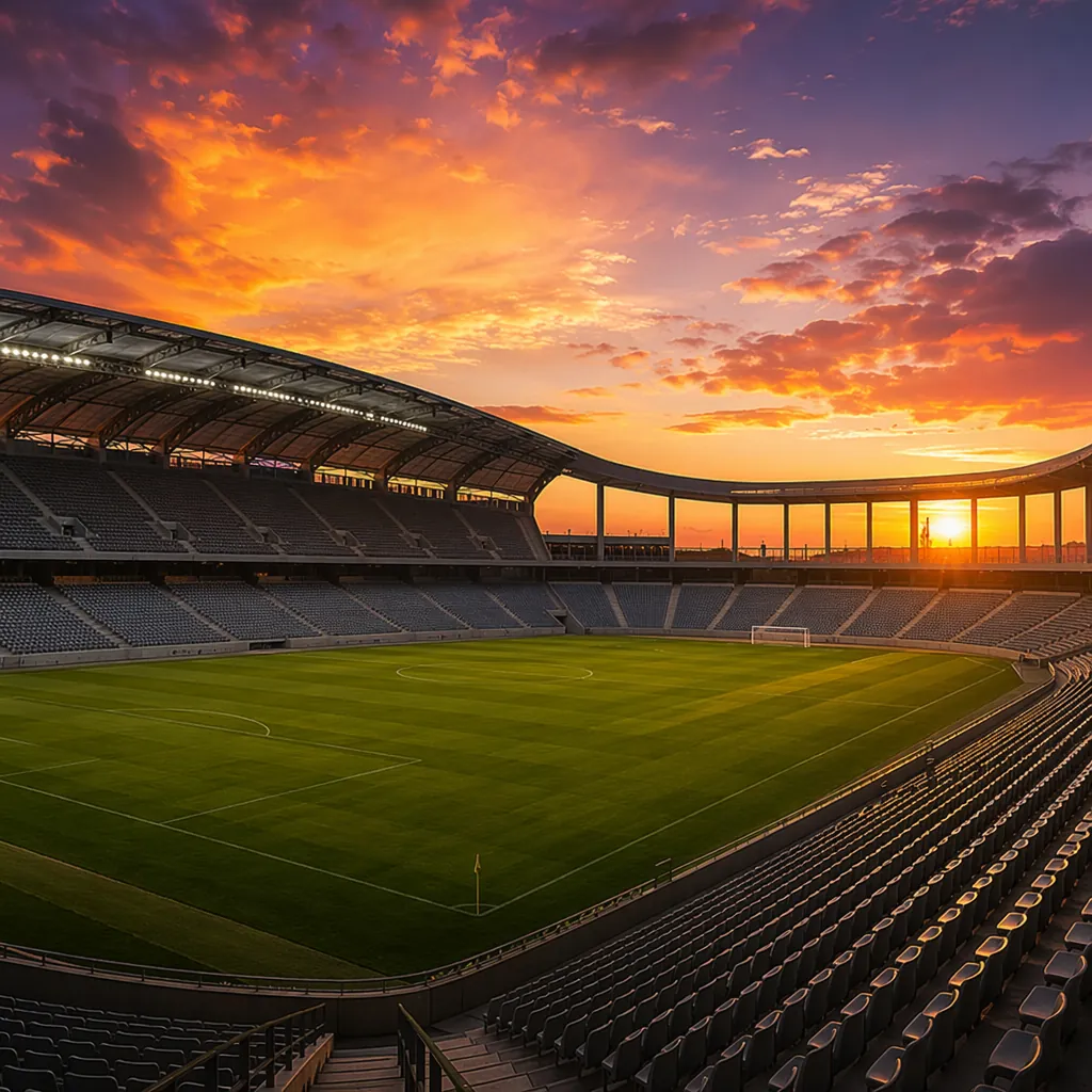 Wide shot of a modern open-air football stadium during golden hour sunset, empty