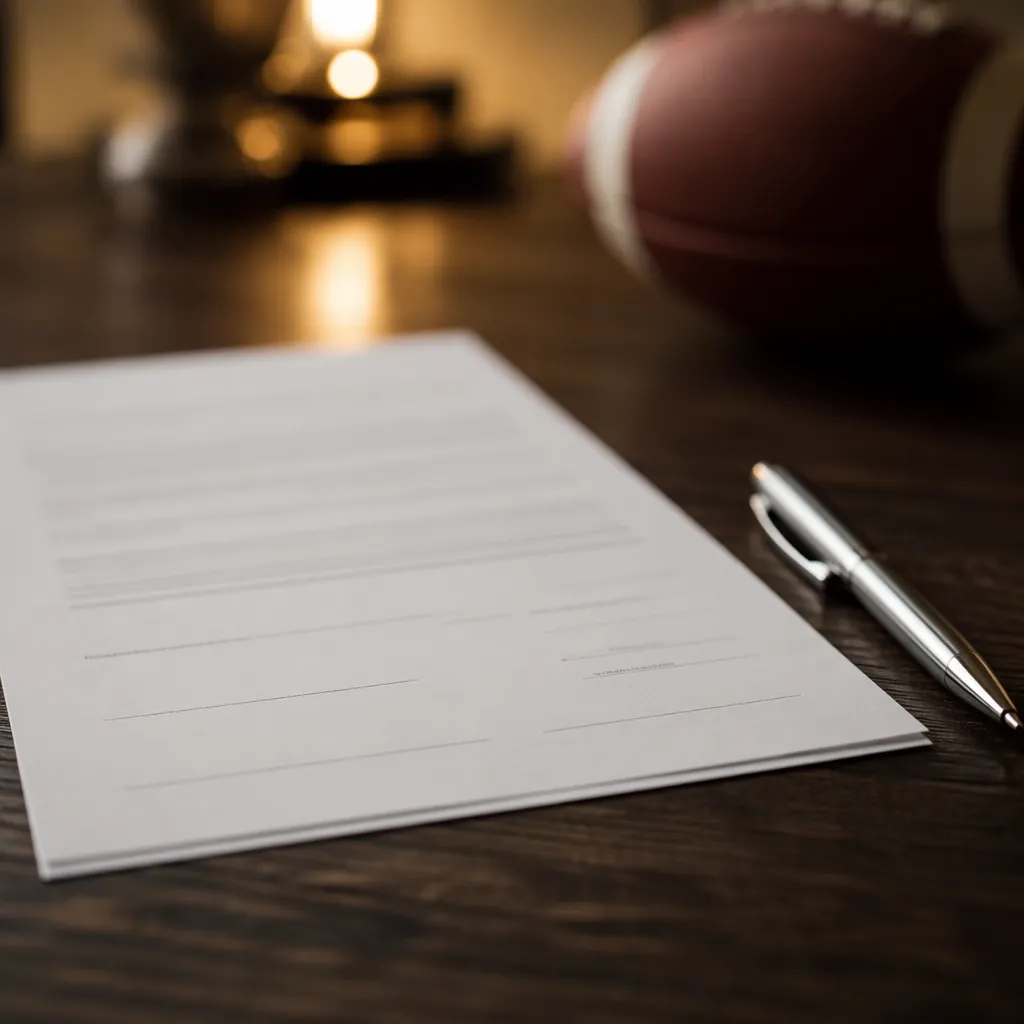 Close-up of a generic unsigned football contract document placed on a dark woode