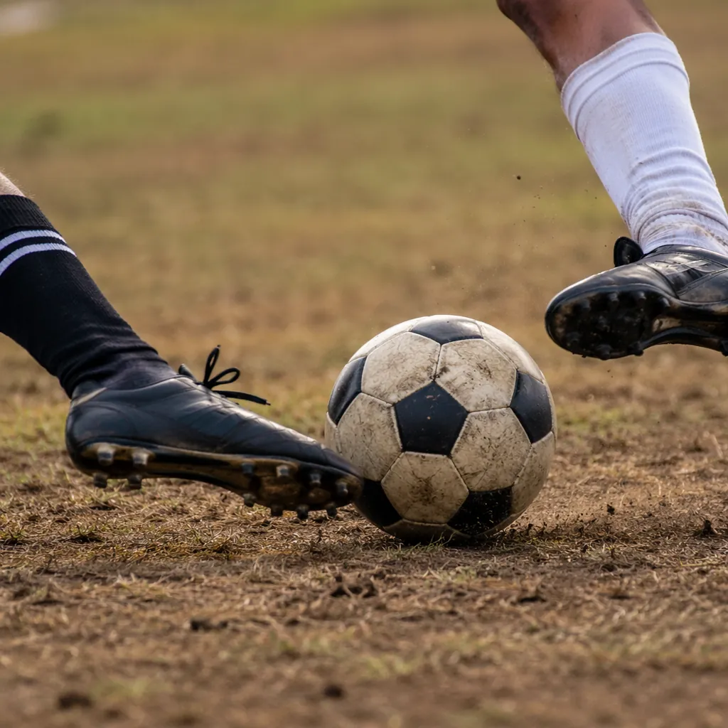 Close up of anonymous football players' feet wearing plain football boots, kicki