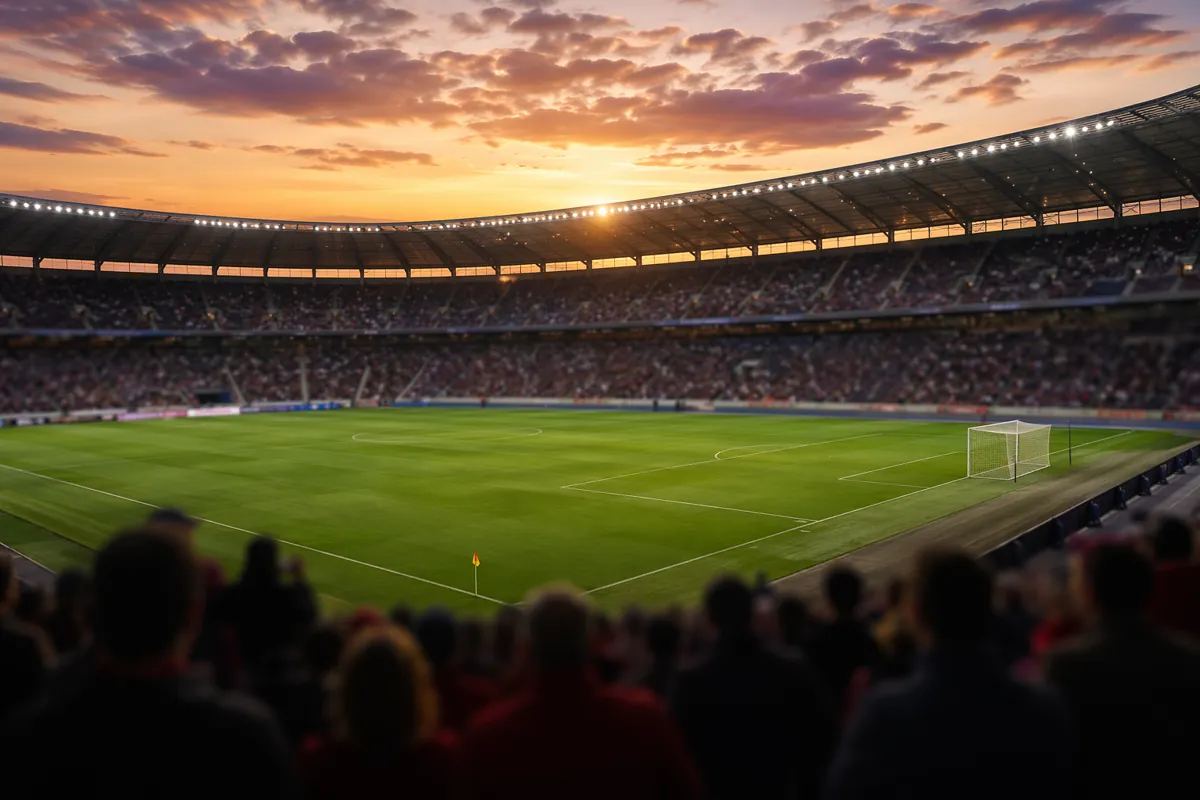 Wide shot of a professional football stadium at dusk, empty green pitch, soft golden sunse