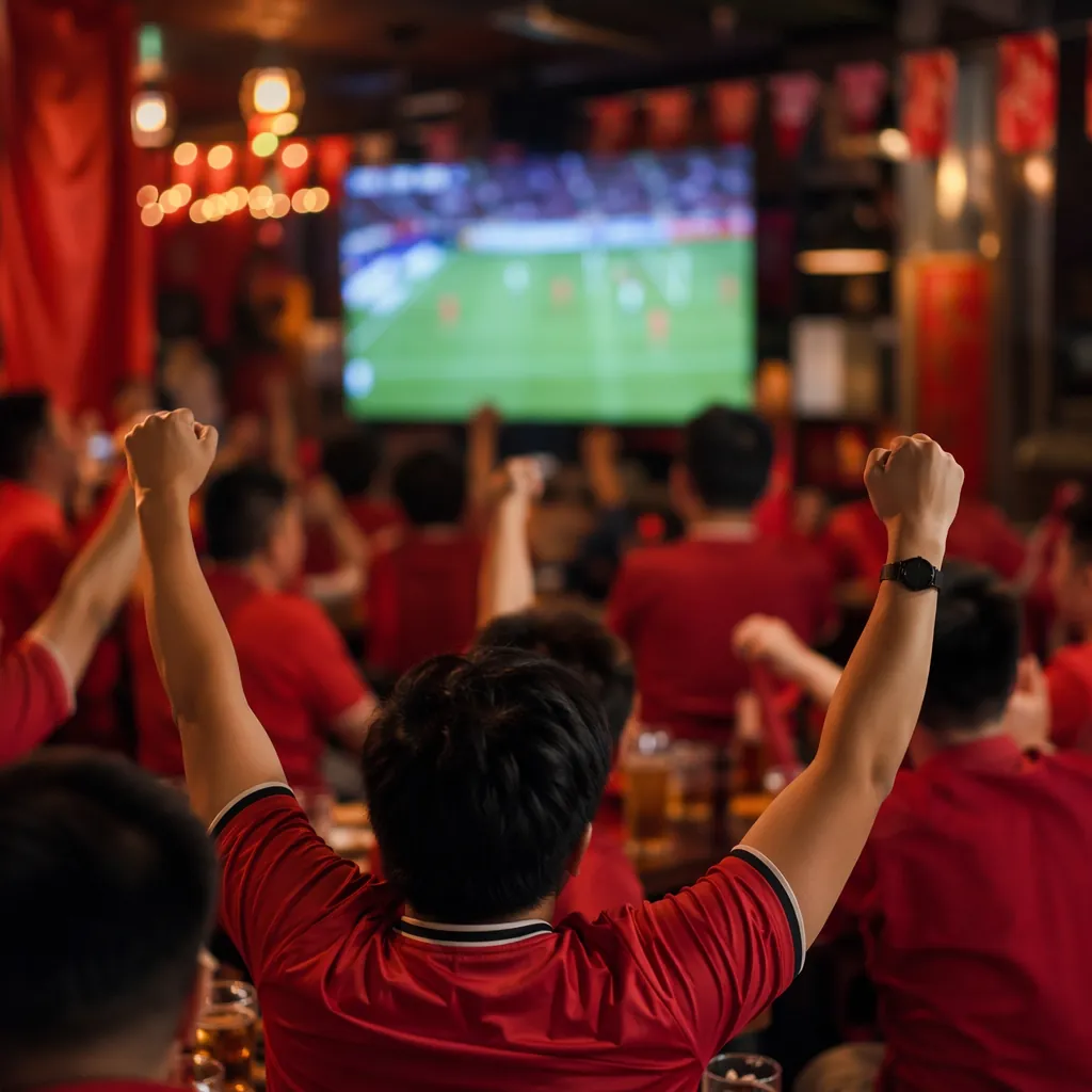 Blurred shot of Chinese football fans wearing generic red casual clothes watchin
