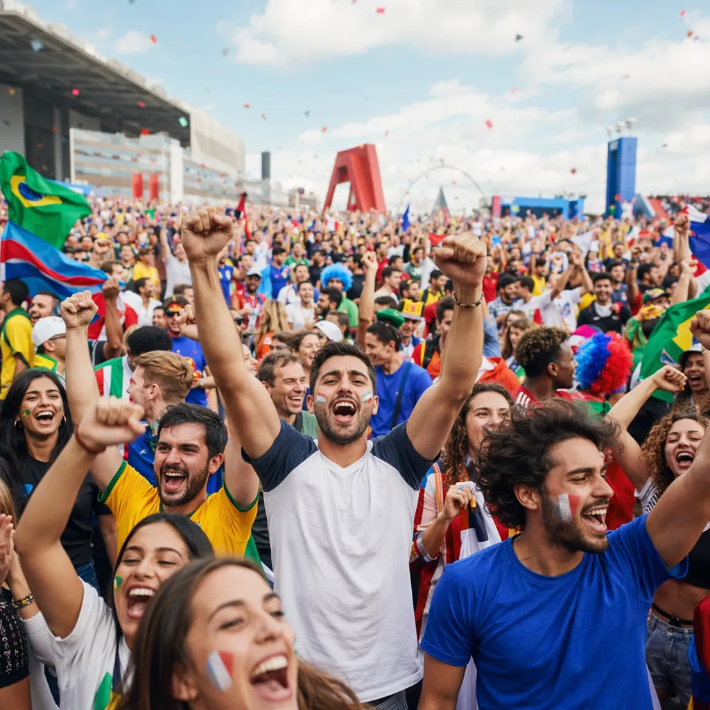 Wide shot of a crowded football stadium fan zone during World Cup, fans wearing
