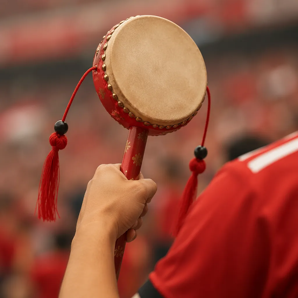 Close up shot of a traditional Chinese rattle drum held by a fan wearing a footb