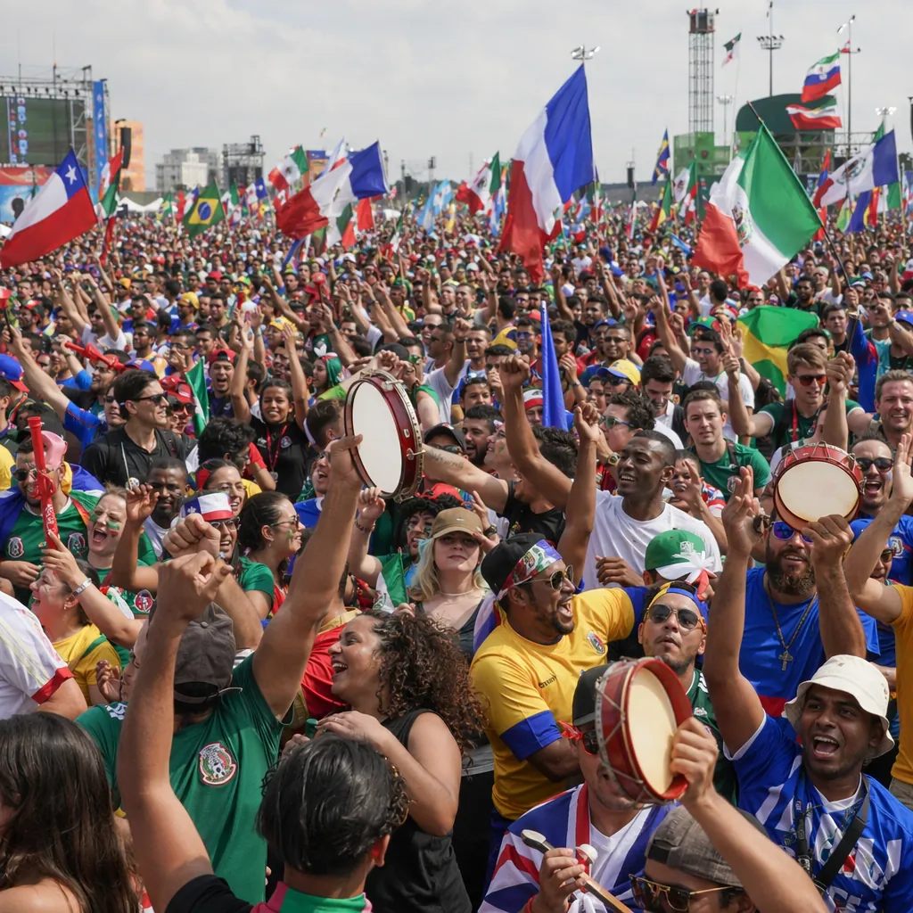 Wide shot of a crowded fan zone with thousands of cheering fans, some holding sm