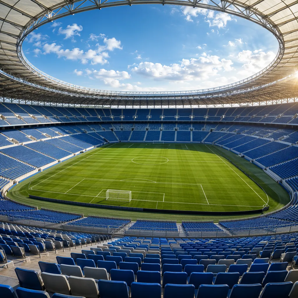 Wide shot of a modern world cup football stadium with empty seats, sunny day, no