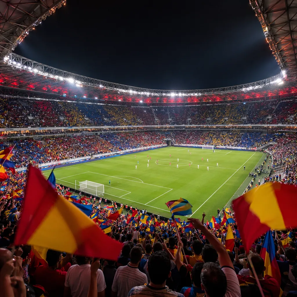 Wide shot of a modern football stadium during a match, with colorful flags wavin
