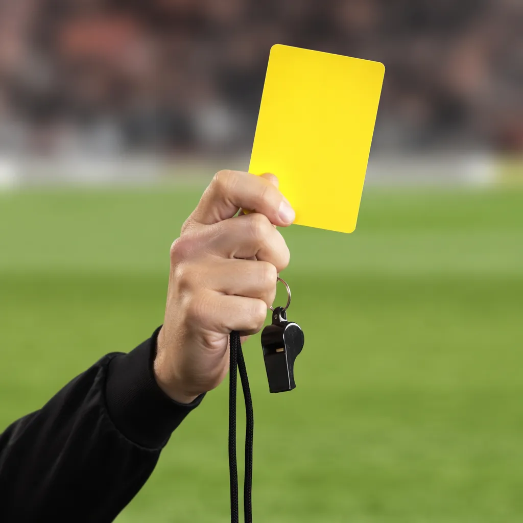 Close up shot of a referee's hand holding a yellow card and whistle on green foo