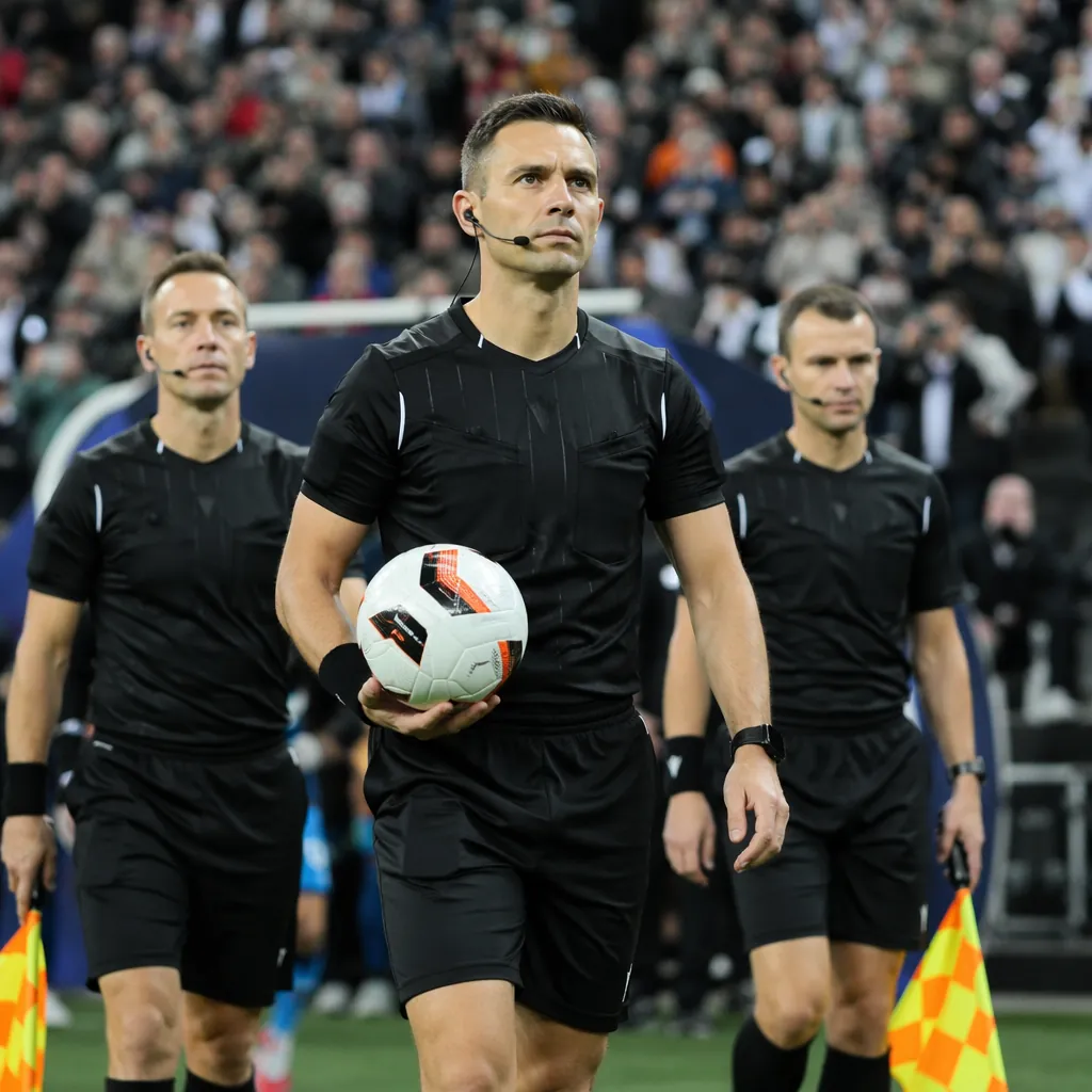 Group of football referees walking onto pitch before match, blurred crowd in bac