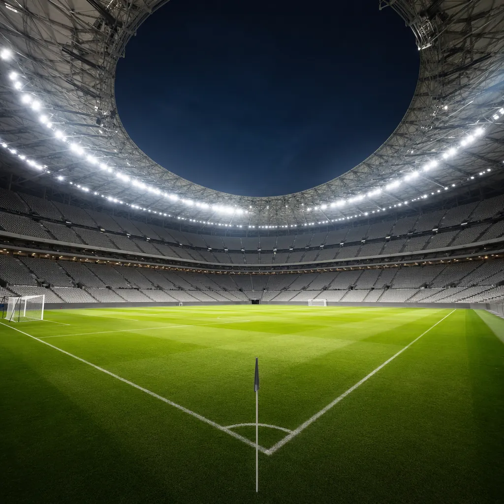 Wide angle shot of modern FIFA world cup style football stadium, empty seats, br