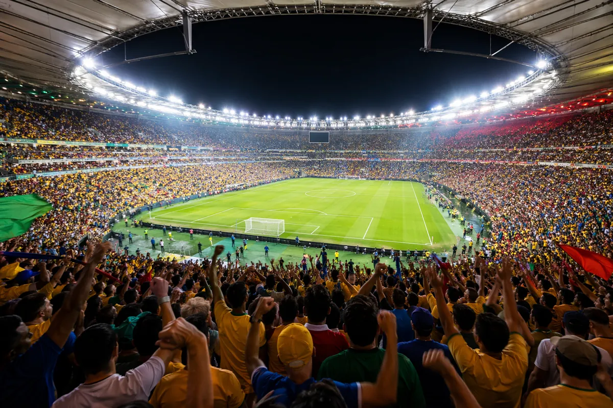 Editorial quality wide shot of a vibrant World Cup football stadium at night, cheering fan