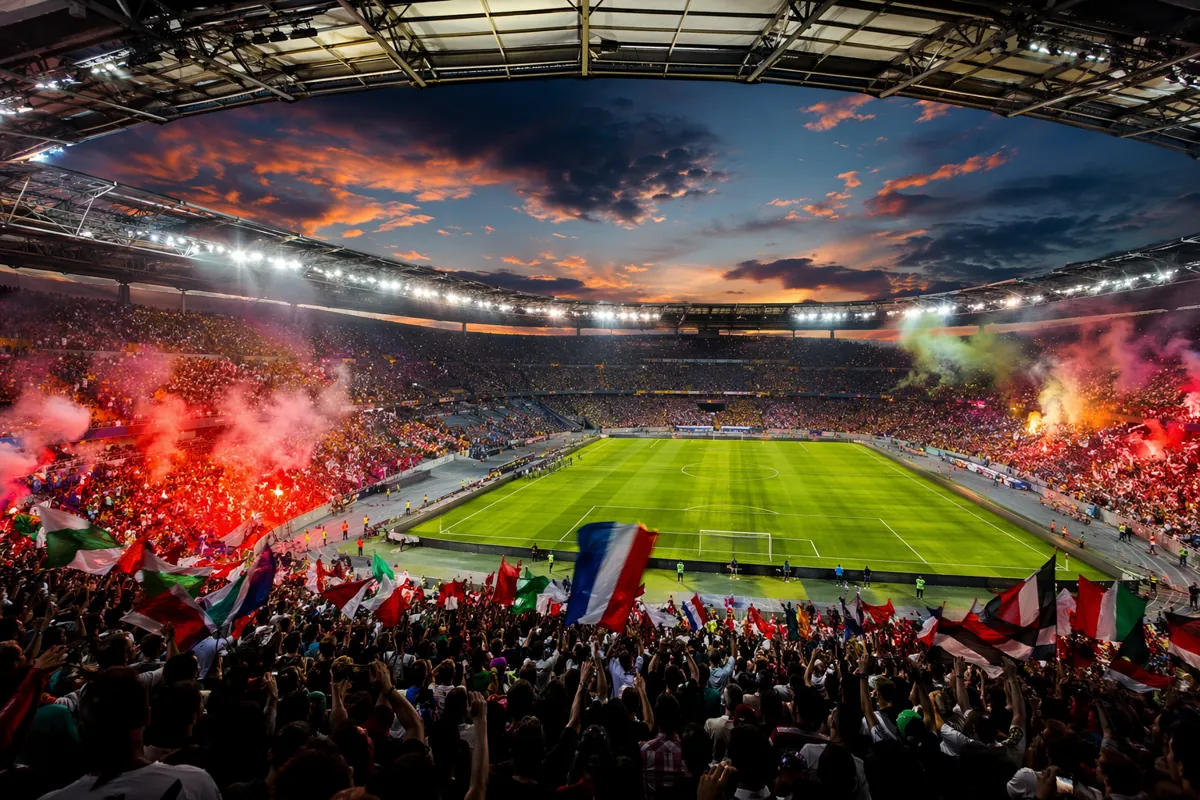 Wide shot of a packed modern football stadium at dusk, vibrant colorful flares from the st