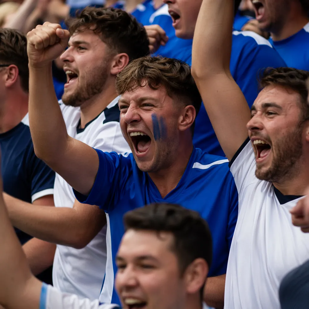 Close up of excited football fans wearing generic unbranded football jerseys, ch