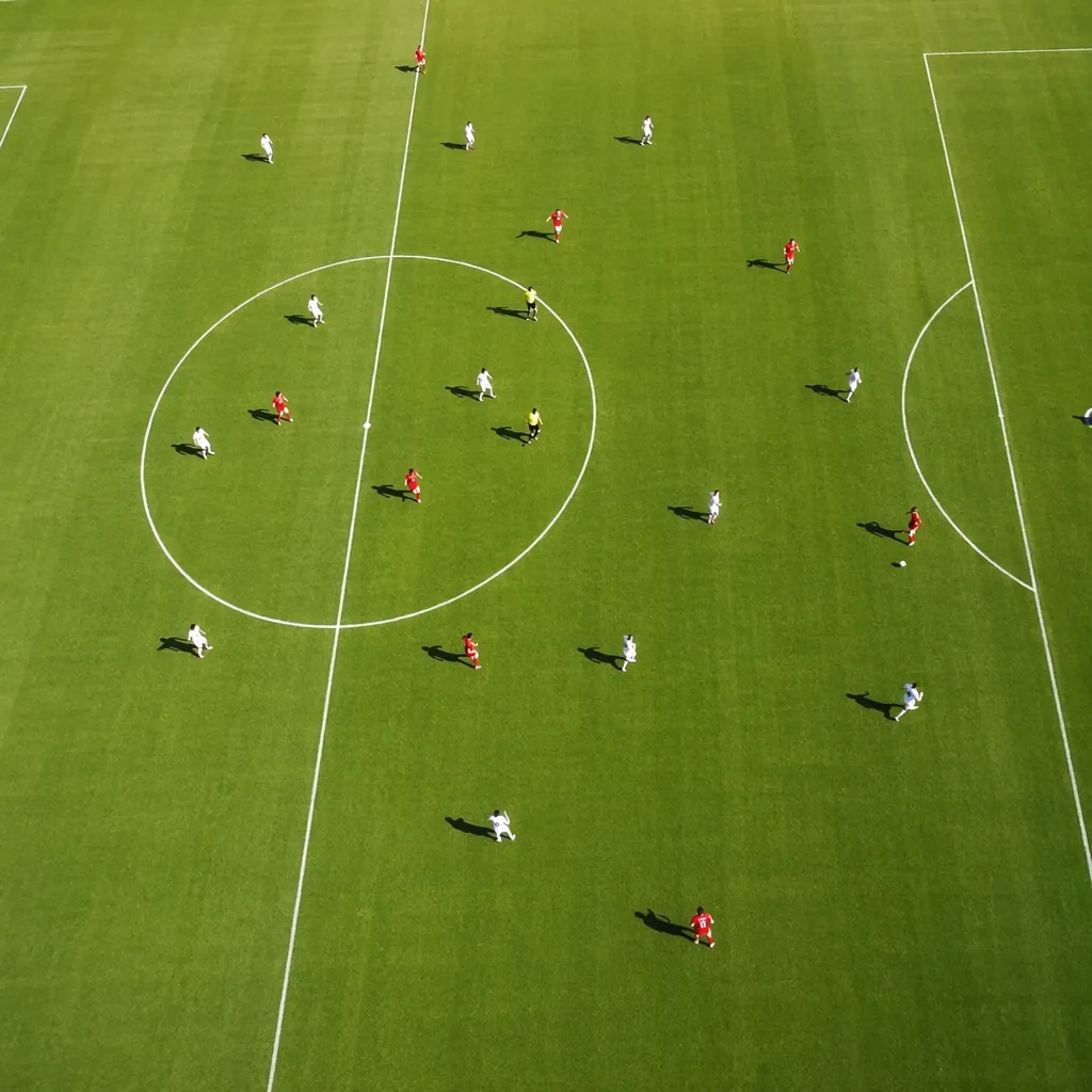 Aerial shot of a green football pitch with generic blurry football players in mo