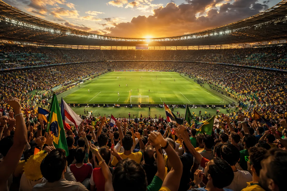 Wide shot of a packed world cup football stadium at golden hour, cheering fans in stands,