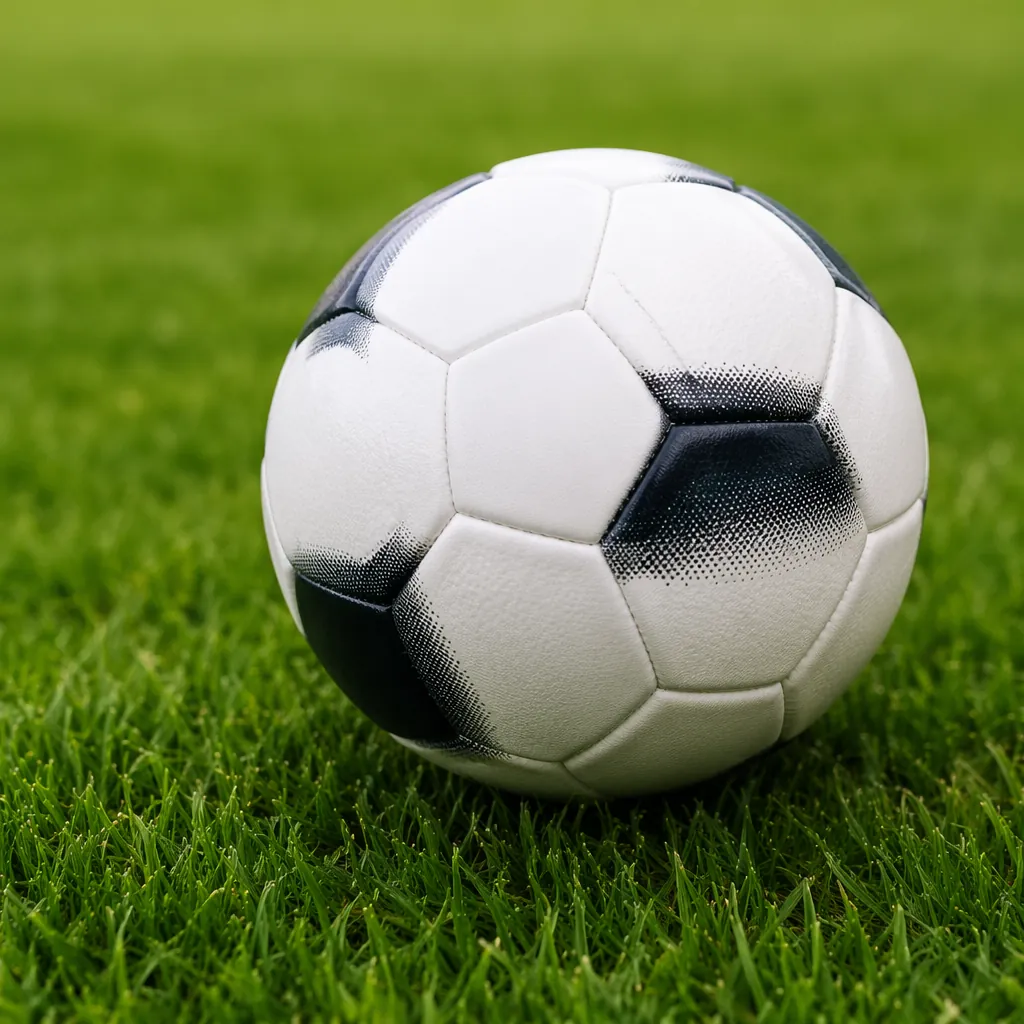 Close up of a professional soccer ball resting on perfectly manicured green gras