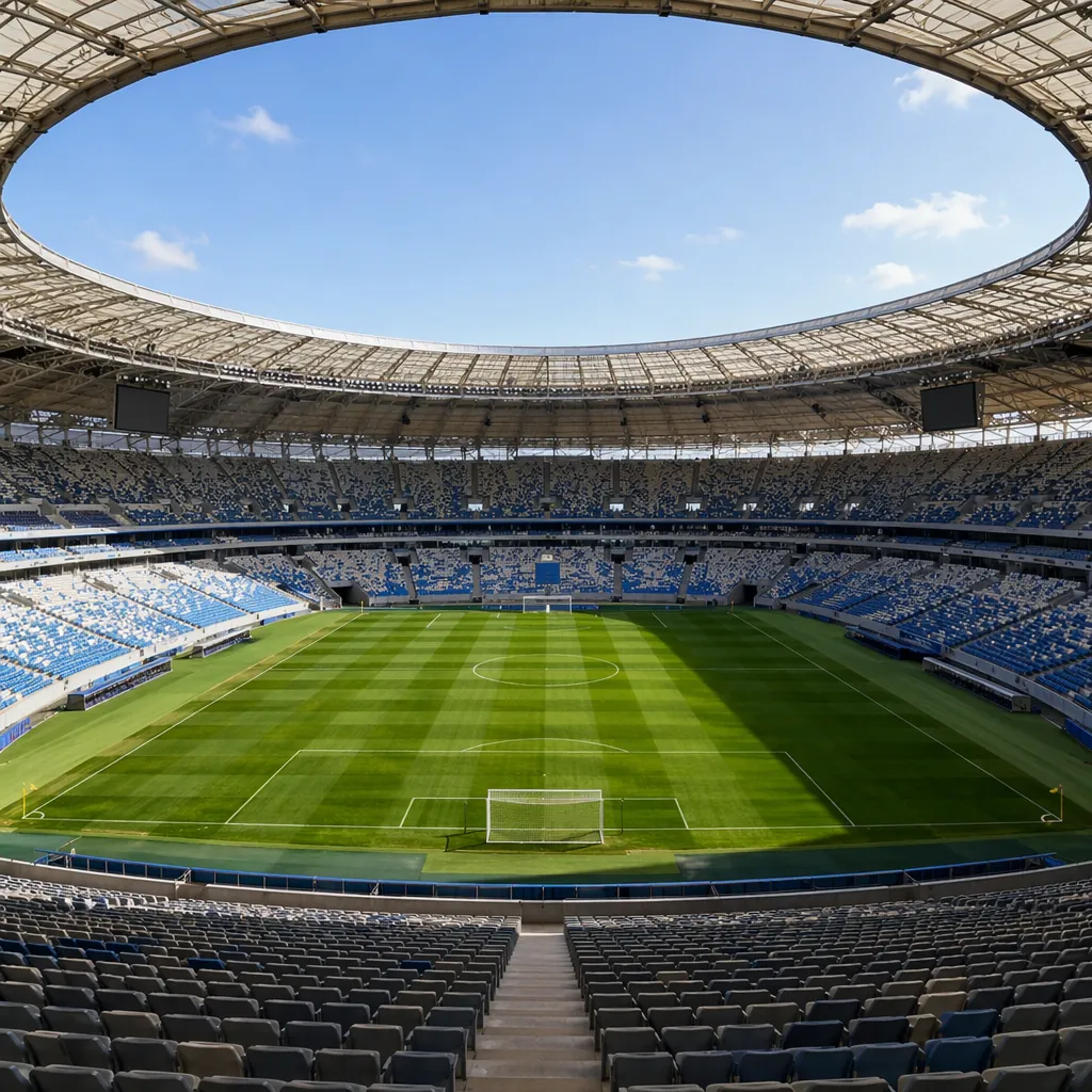 Wide shot of a modern World Cup football stadium with green pitch and empty seat