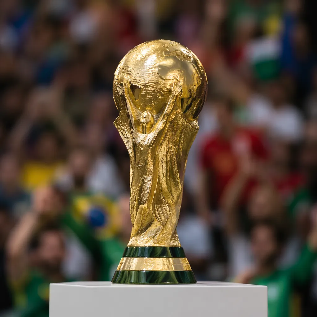 Close up of a golden World Cup trophy placed on a white pedestal, soft lighting,