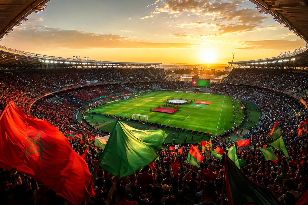 Wide shot of a packed football stadium during golden hour, red and green national flags wa