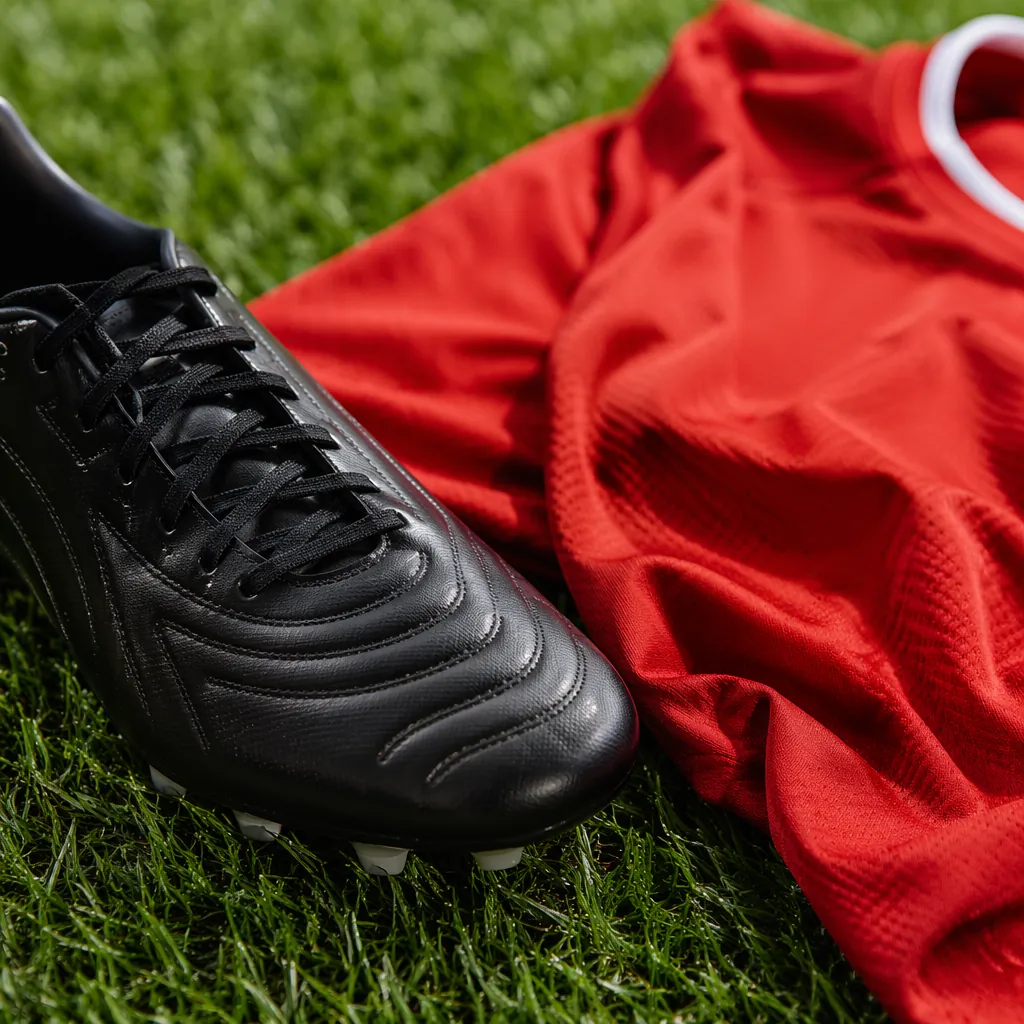 Close up of a professional football boot and red football jersey laid on green g