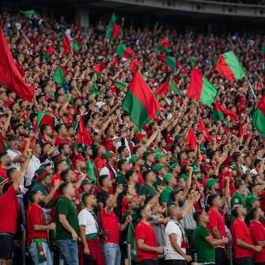Wide shot of cheering football fans in stadium stands, wearing red and green clo