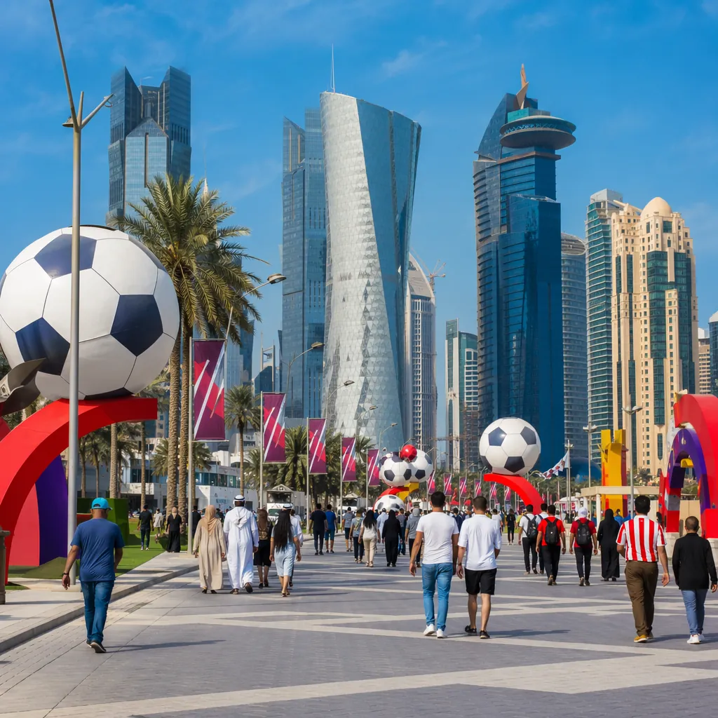 Wide shot of a World Cup host city downtown street, decorated with large footbal