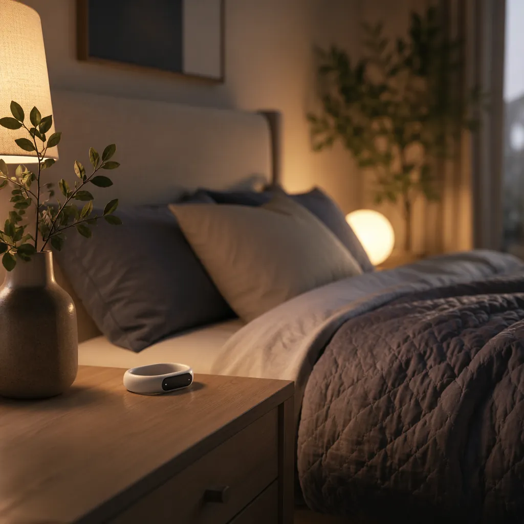 Cozy bedroom with soft lighting, comfortable bed, sleep tracker on nightstand, c