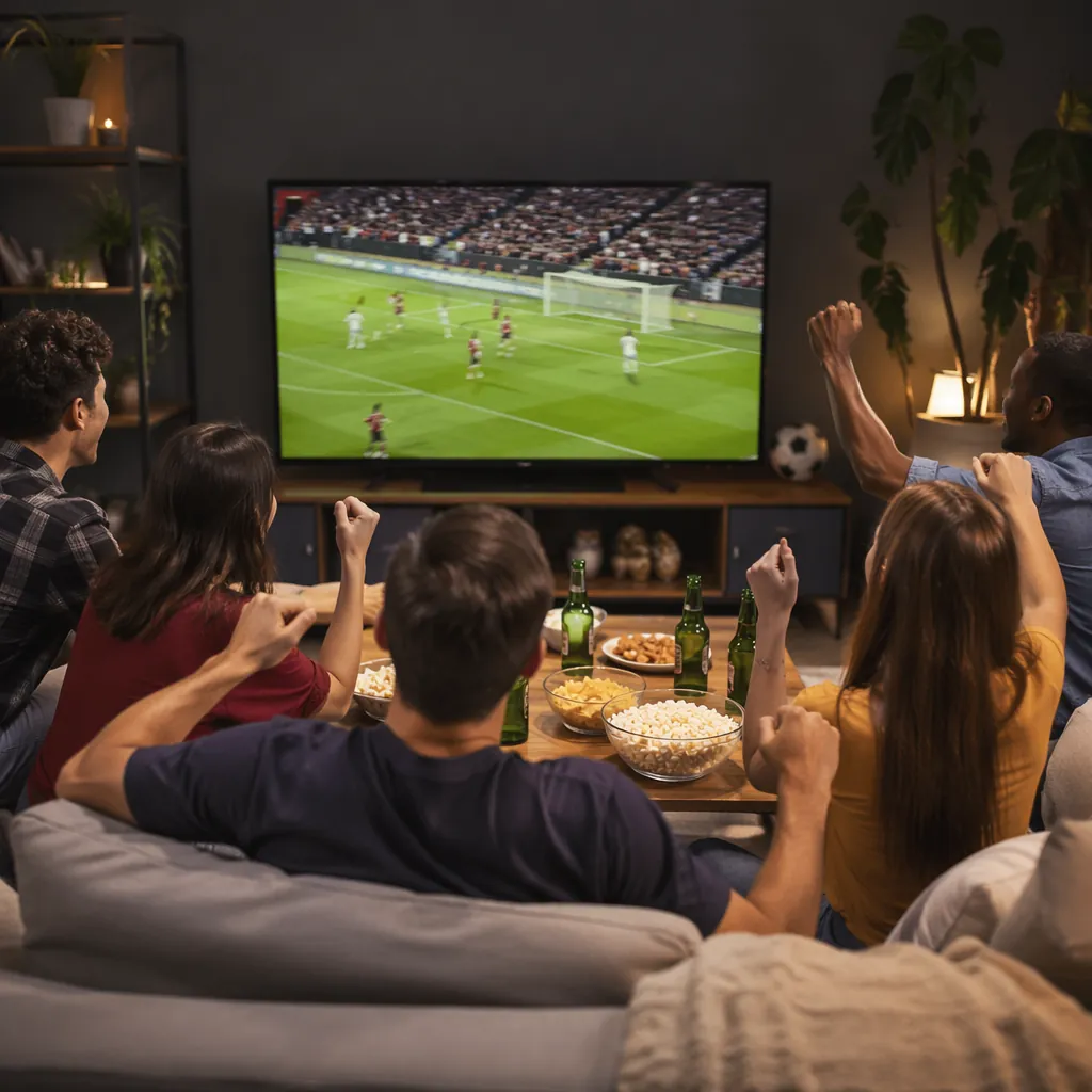 Group of fans watching soccer match on big screen at home, snack and drinks on t
