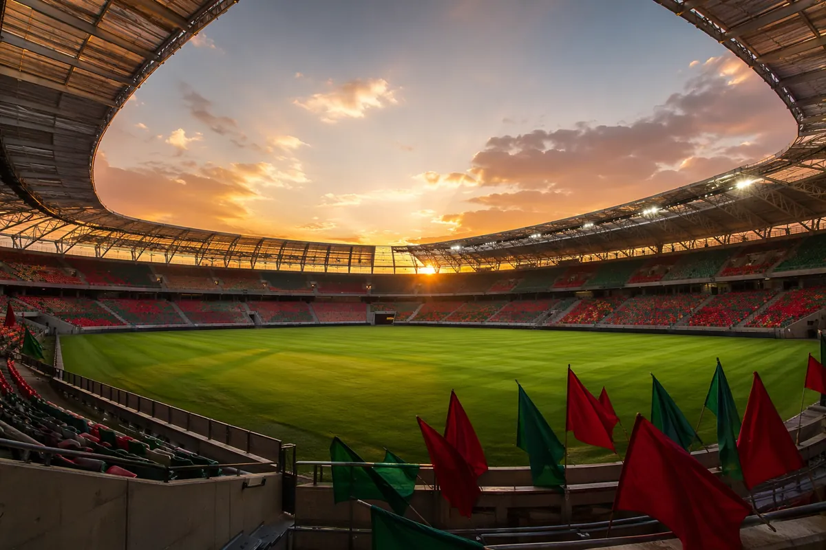 Professional soccer stadium at golden hour, empty green pitch with red and green flags wav