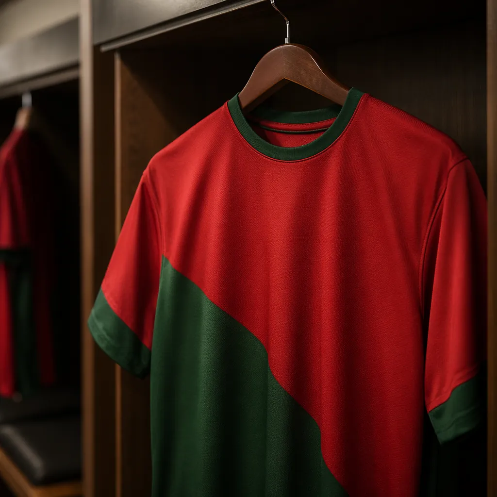 Close up of a generic red and green soccer jersey hanging in a locker room, soft