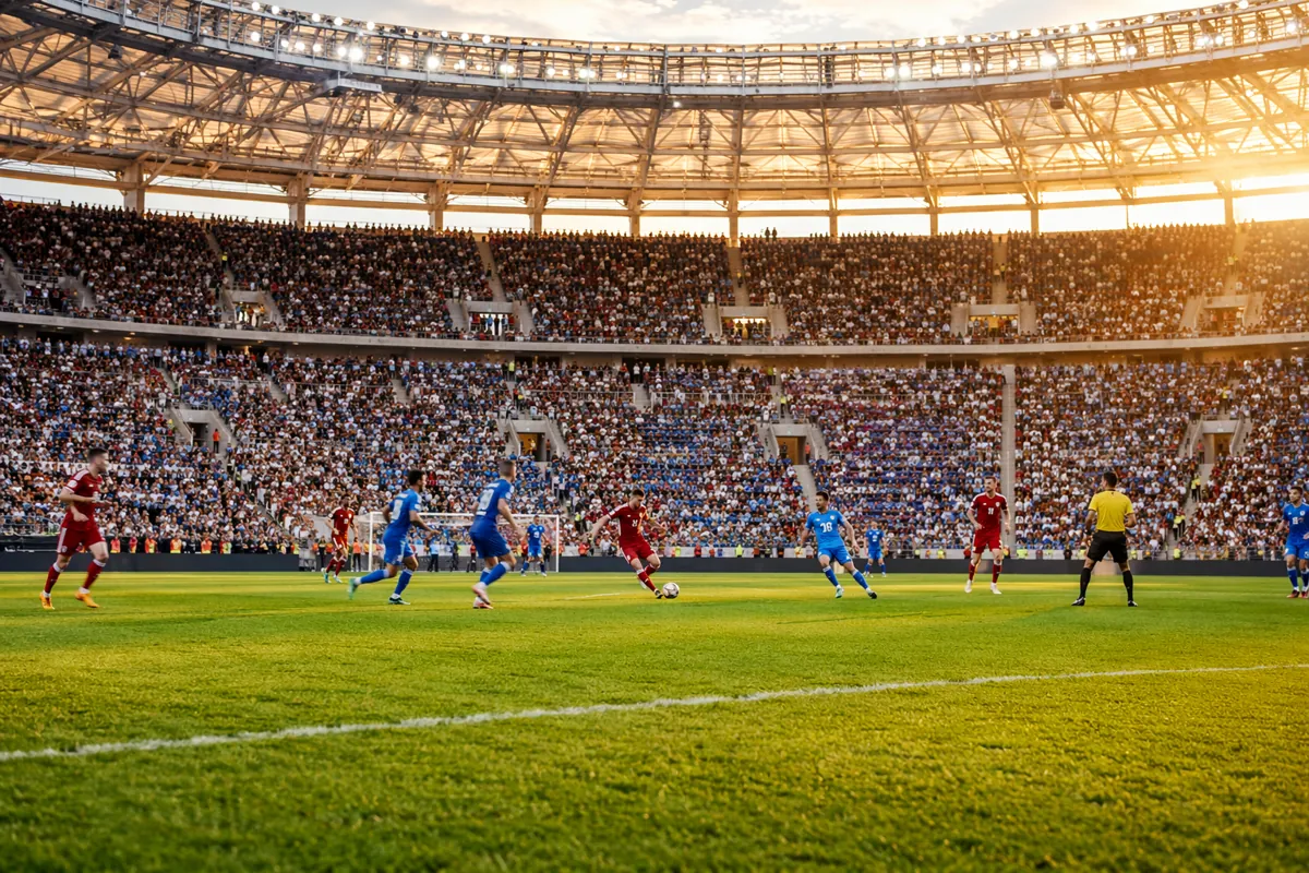 Wide shot of a world cup football match in a large modern stadium, warm golden hour light,