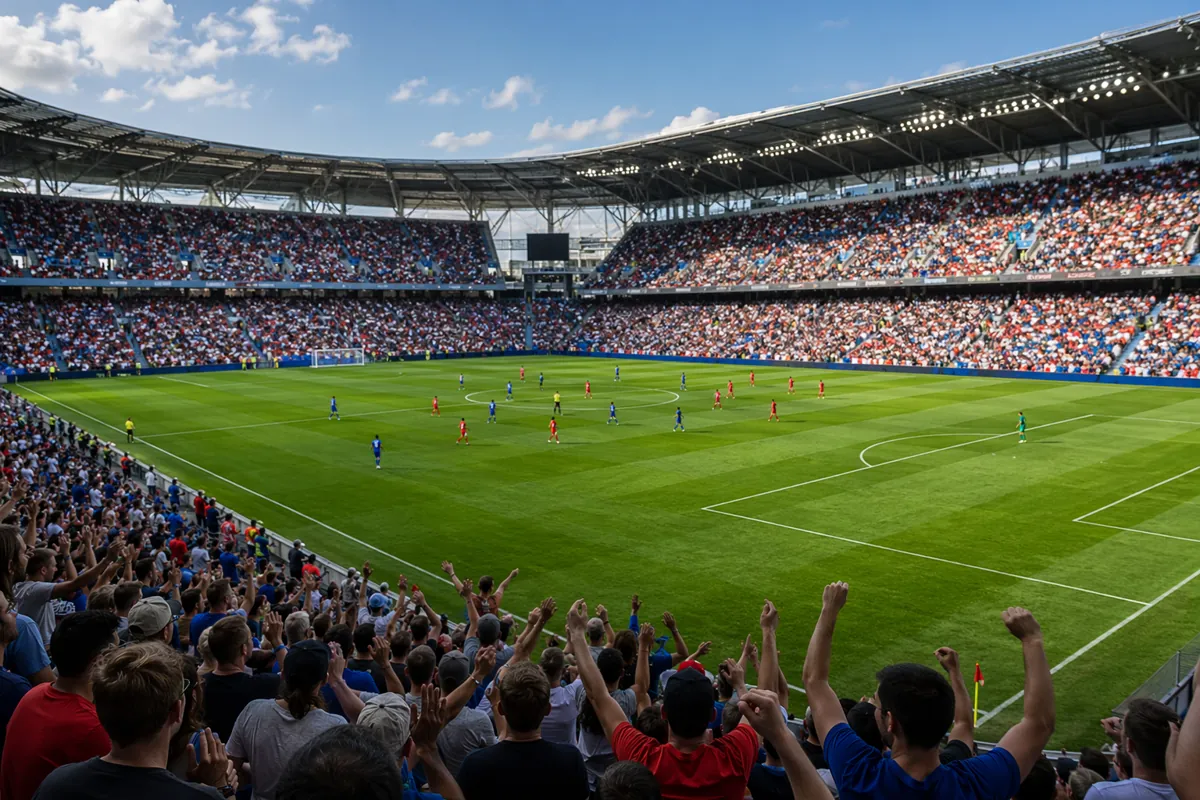 Wide shot of a professional soccer stadium during a daytime friendly match, blurred player