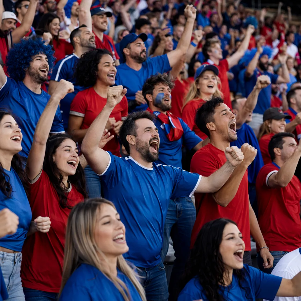 Wide shot of generic soccer fans wearing red and blue colored jerseys cheering i