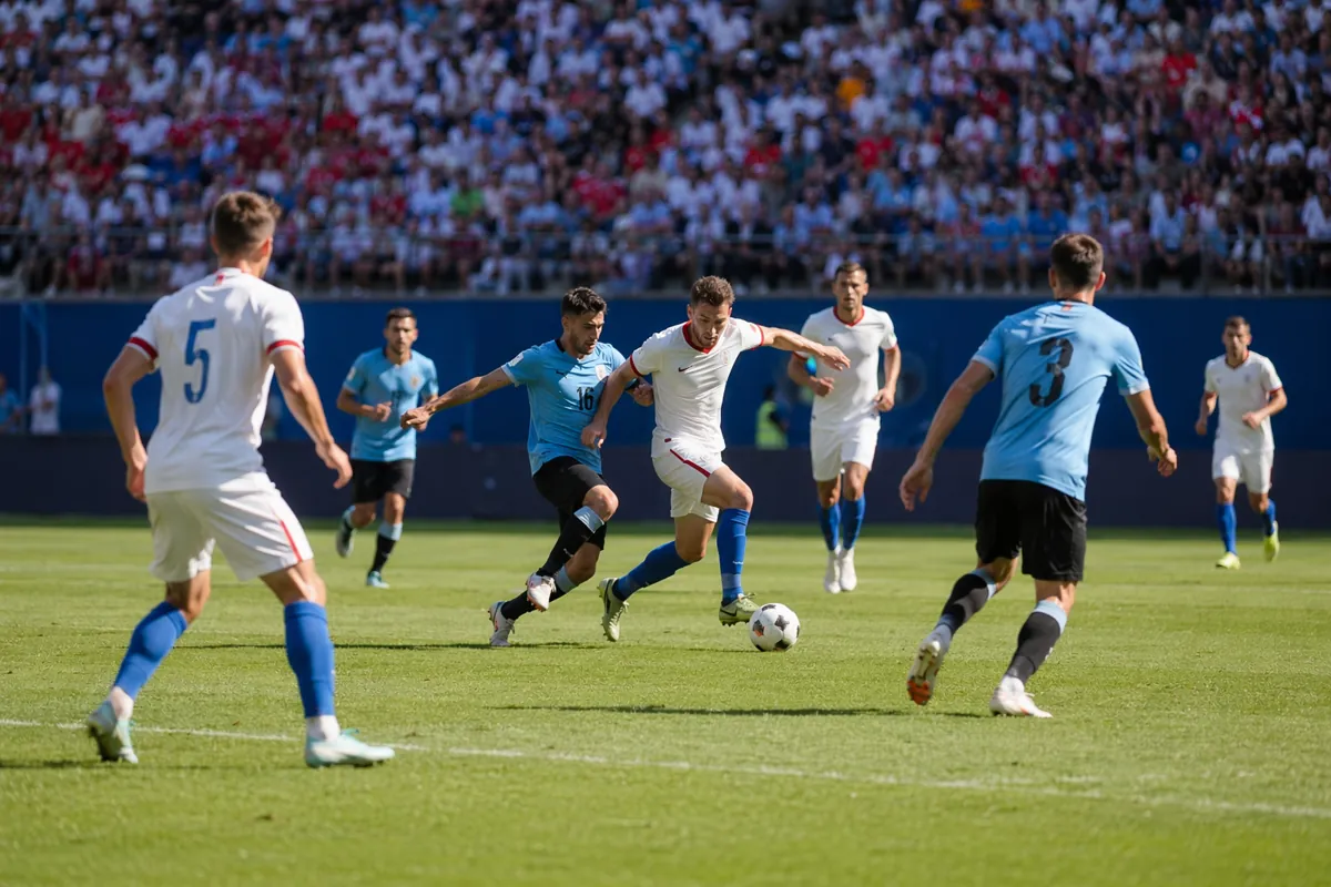 Wide shot of a generic World Cup football match, players in red and white jerseys (Czech t