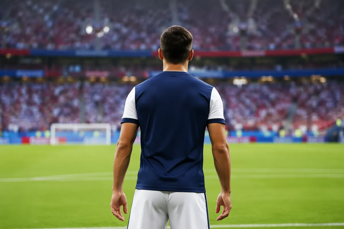 Medium shot of a male football player wearing generic dark blue and white football kit, st