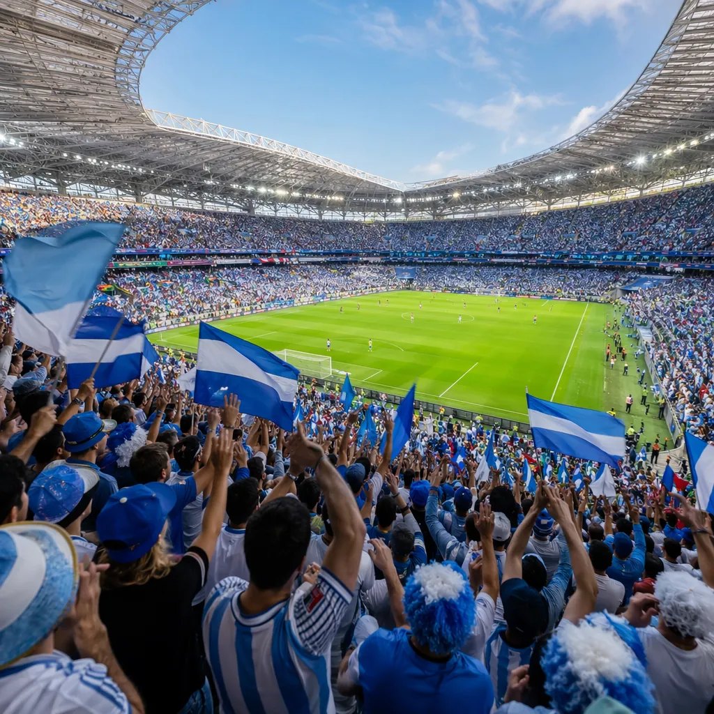 Wide shot of a packed football stadium during World Cup match, fans waving gener