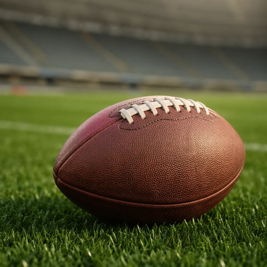 Close up of a football on a green grass pitch, with blurred stadium seats in the