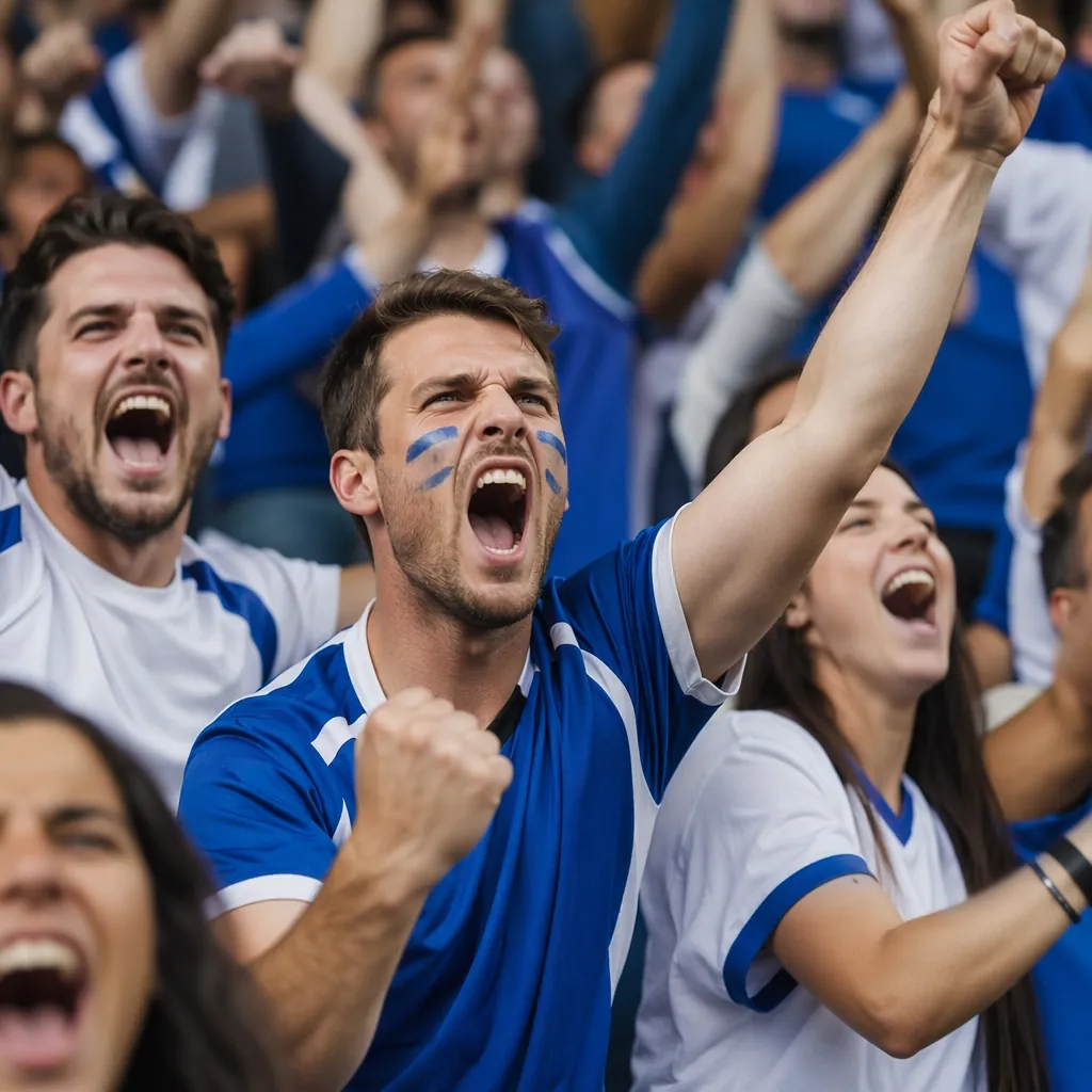 Shot of football fans cheering in the stands, wearing generic team jerseys, no v