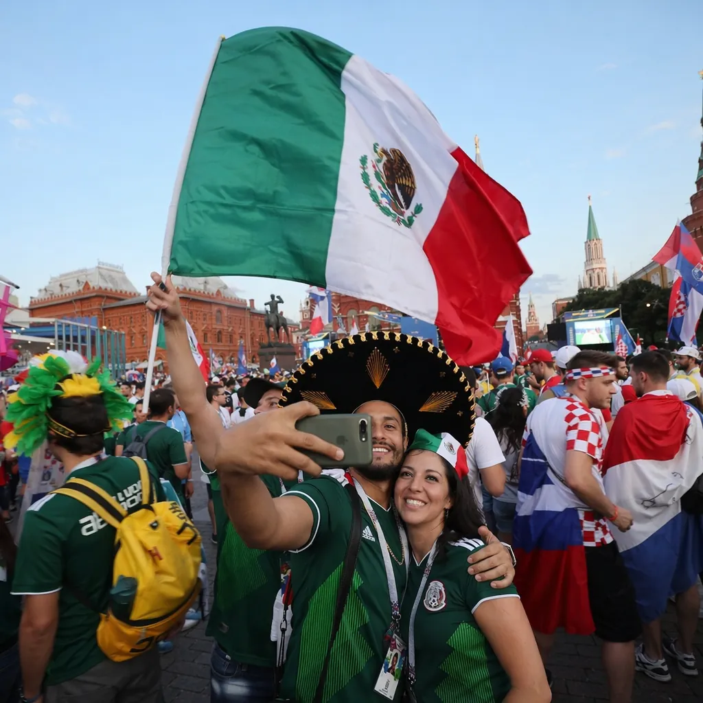 Colorful public square fan gathering, people wearing football jerseys, holding n