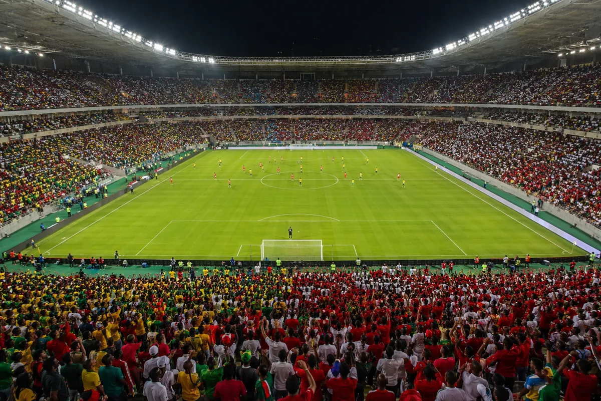 Wide shot of a packed international football stadium during a friendly match, vibrant crow