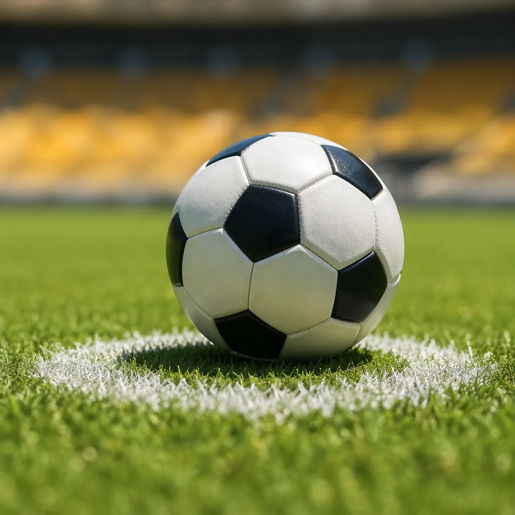 Close up shot of a professional football resting on the center spot of a green p