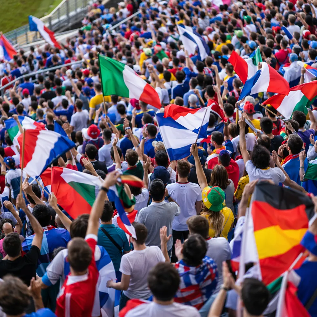 Wide shot of football fans waving generic national flags in the stands, colorful
