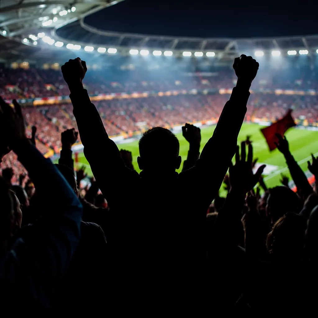 Silhouette of football fans cheering in stadium stands, blurred background, no v