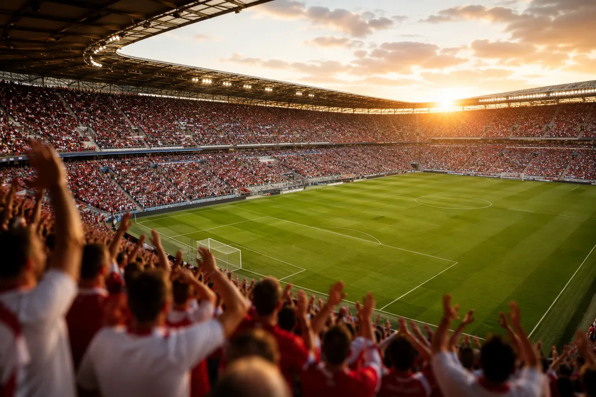 Wide shot of a modern football stadium during golden hour, blurred fans wearing white and