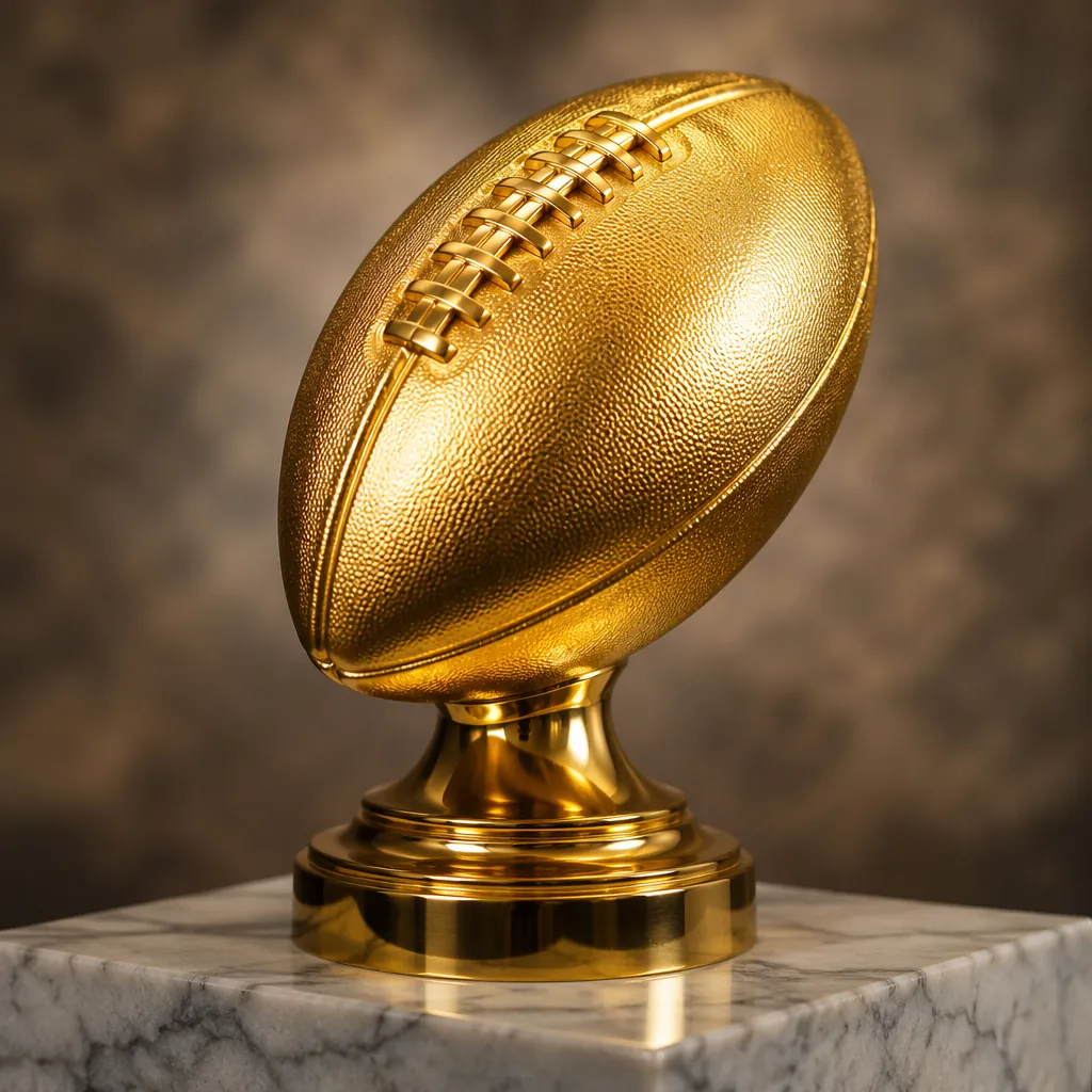 Close up shot of a generic golden football trophy on a marble pedestal, soft stu