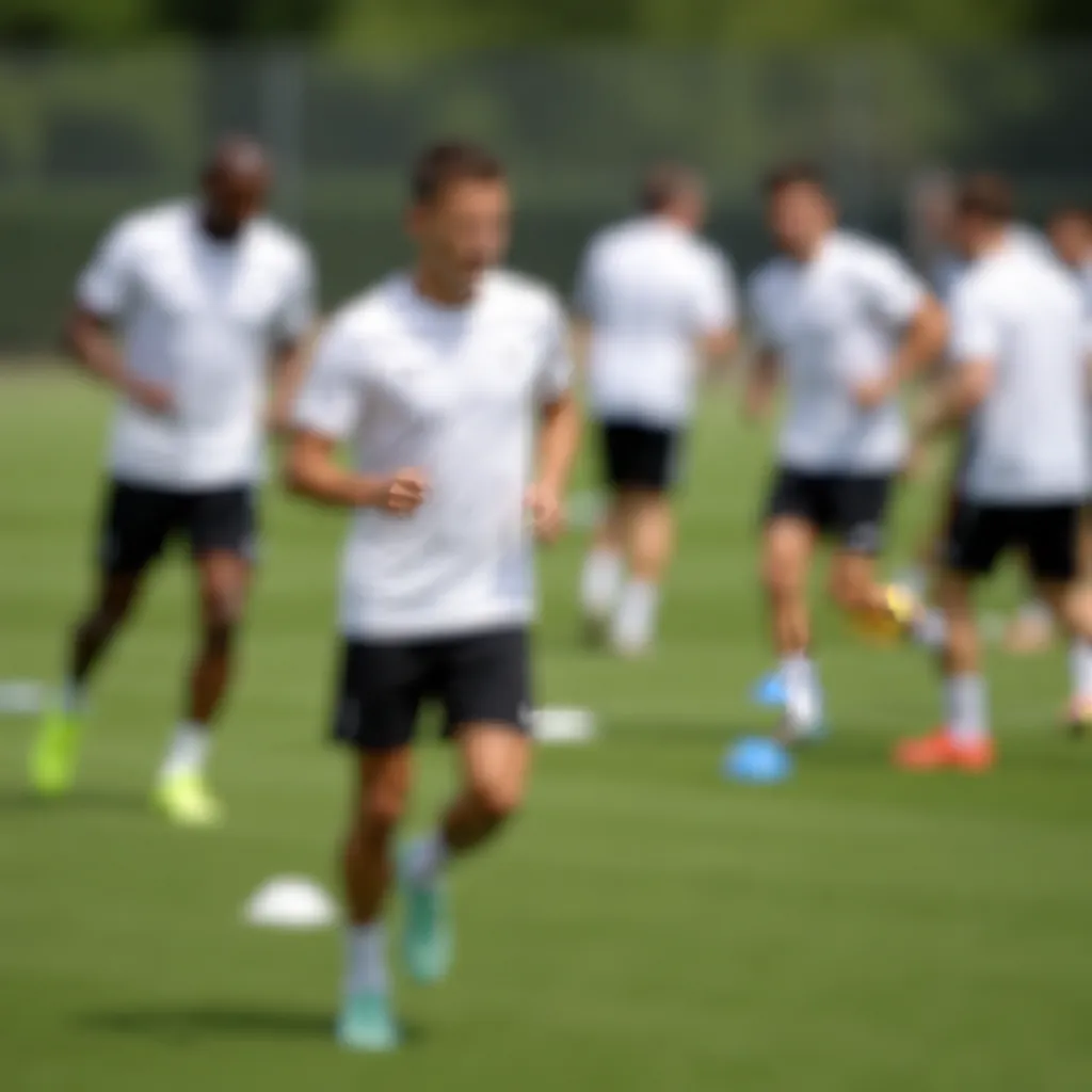 Blurred shot of football players in plain white jerseys warming up on a green tr