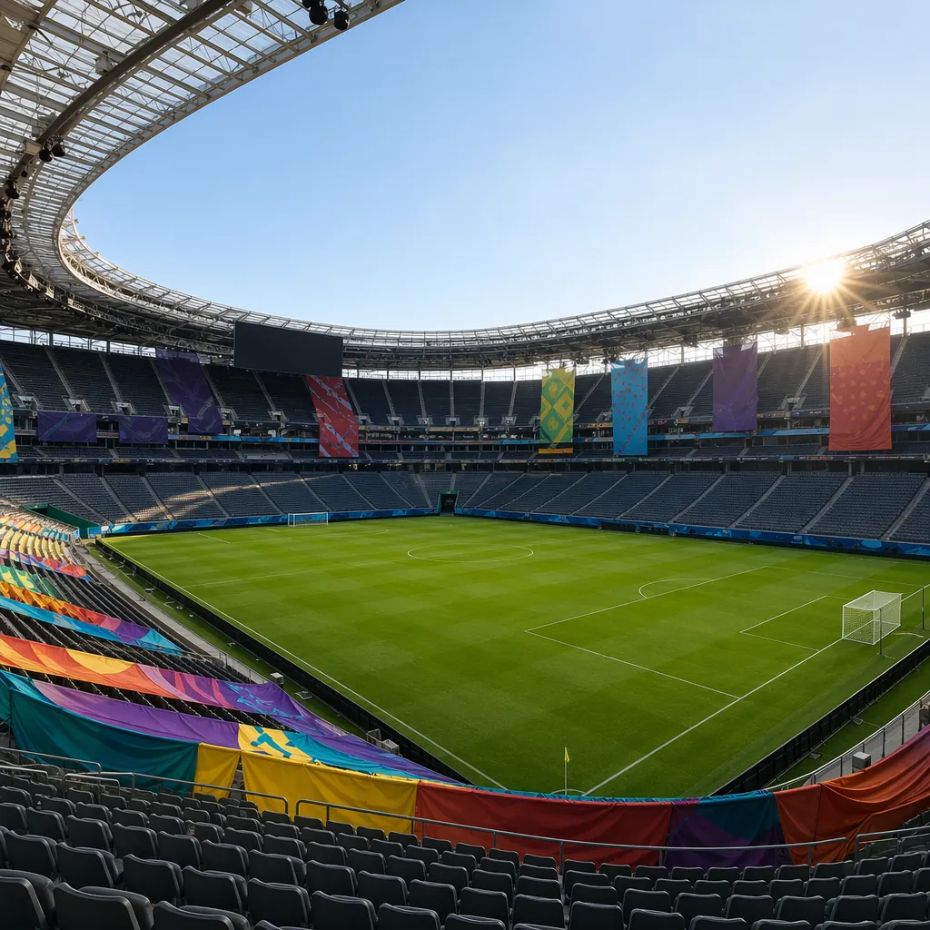 Wide shot of a modern North American soccer stadium, empty green pitch, bright s