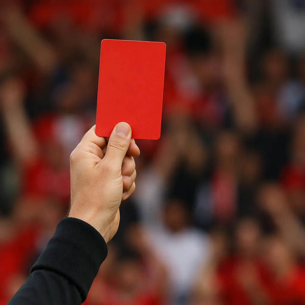 Close up of a referee's hand holding a red card against a blurred background of